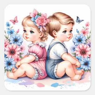 Schattigee tweeling Jongen en meisje Vierkante Sticker