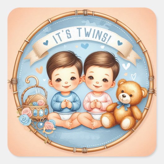 Schattigee Twin Boys Baby shower Waterverf Teddy B Vierkante Sticker (Voorkant)
