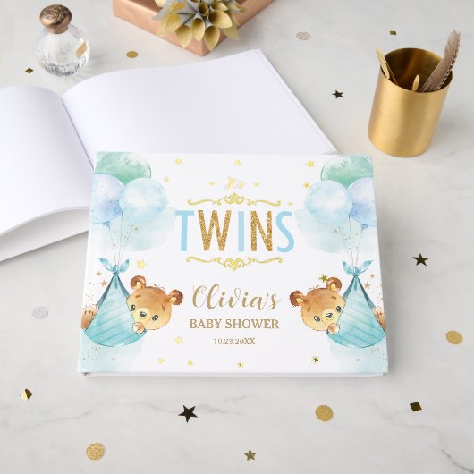 Schattigee Twin Boys Teddy Bears Twins Baby shower Gastenboek (Voorkant open)
