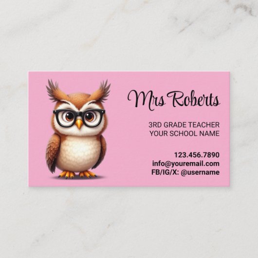 Schattigee Uil Docent Educator Pastel Pink Visitekaartje (Voorkant)