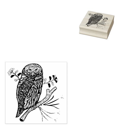 Schattigee uil en bloemetjes 	rubberstempel (Gestempeld)