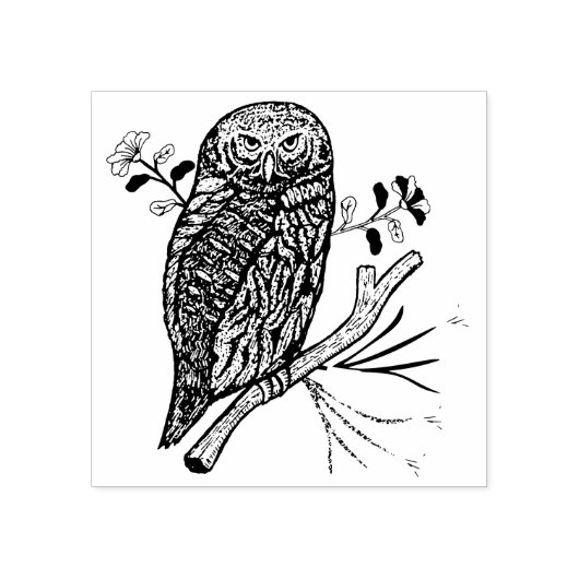 Schattigee uil en bloemetjes 	rubberstempel (Afrduk)