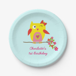 Schattigee uil geel roze bloemen gepersonaliseerde papieren bordje