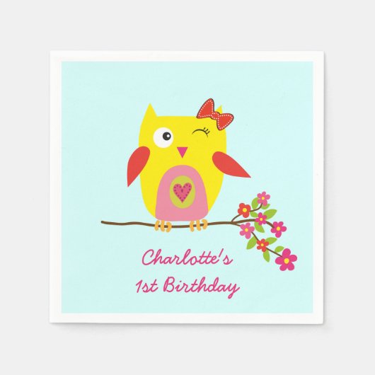 Schattigee uil geel roze bloemen gepersonaliseerde servetten (Voorkant)