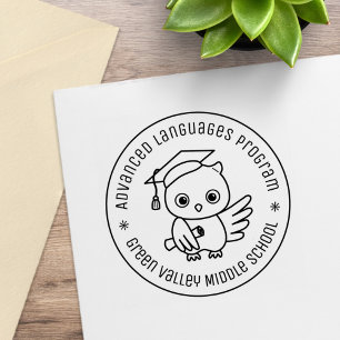 Schattigee uil in een Afstuderen Pet Ronde tekst Rubberstempel