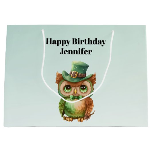 Schattigee Uil in een Groene Top Hoed Verjaardag Groot Cadeauzakje (Voorkant)