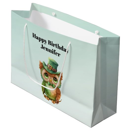 Schattigee Uil in een Groene Top Hoed Verjaardag Groot Cadeauzakje (Voorkant Gekanteld)