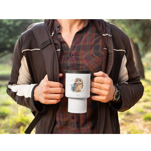 Schattigee uil in waterverf, aanpasbaar reisbeker