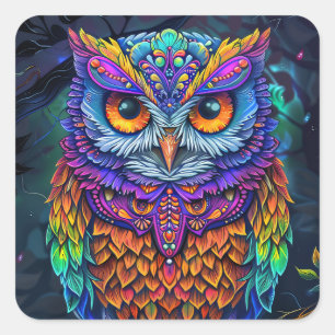 Schattigee Uil Kleurrijke Abstracte Vogel Dier Nat Vierkante Sticker