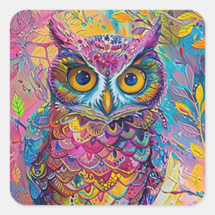 Schattigee Uil Kleurrijke Abstracte Vogel Dier Nat Vierkante Sticker