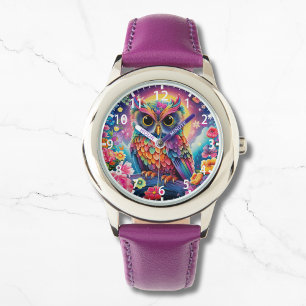 Schattigee Uil Kleurrijke Bright Floral Moon Kinde Horloge