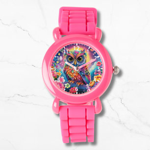 Schattigee Uil Kleurrijke Bright Floral Moon Kinde Horloge