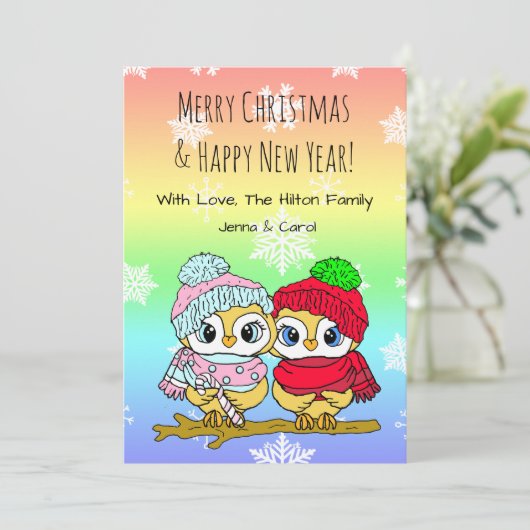 Schattigee Uil LGBT paar op Tree Branch Kerstmis Feestdagenkaart (Staand voorkant)