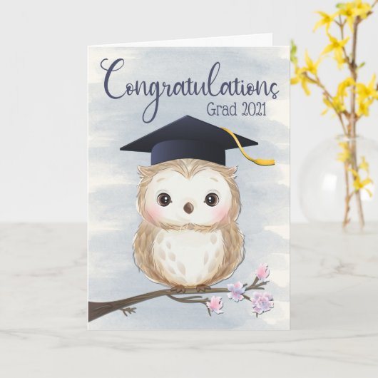 Schattigee Uil met Afstuderen Pet voor Happy Afstu Kaart (Gele Bloem)