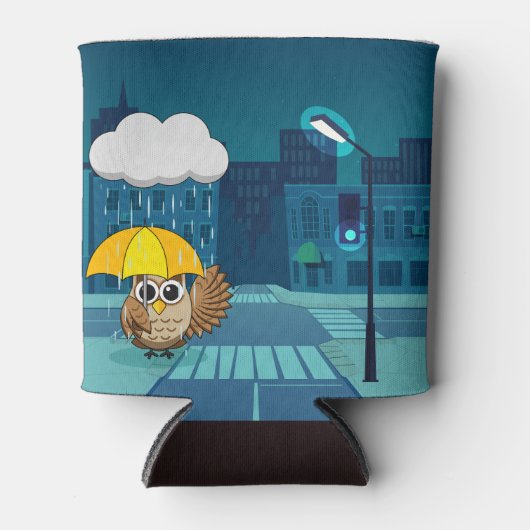 Schattigee Uil met paraplu op regenachtige dag Blikjeskoeler (Voorkant)