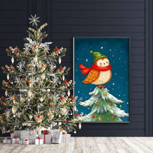 Schattigee uil op een kerstboom Poster print