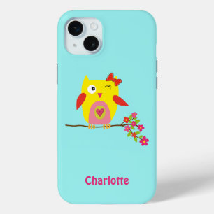 Schattigee Uil Roze Bloemen Kinder gepersonaliseer iPhone 15 Mini Hoesje