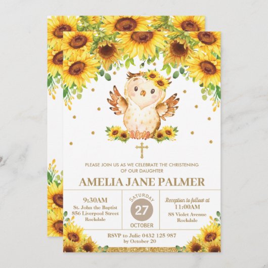 Schattigee Uil Zonnebloem Bloemen Doop Doopsel Mei Kaart (Voorkant / Achterkant)