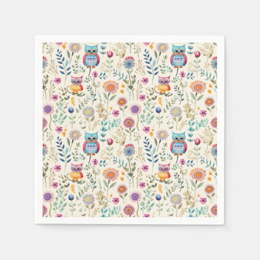 Schattigee Uilen in Bloemen Servet (Voorkant)
