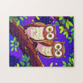 Schattigee uilen op een tak 's nachts legpuzzel (Horizontaal)