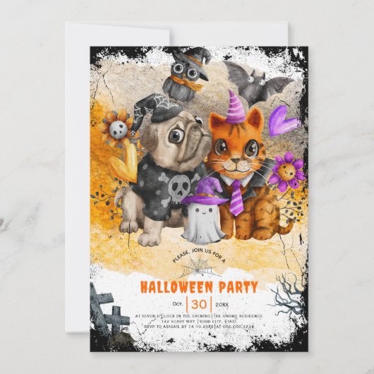 Schattigee uitnodiging voor een Halloween kat en h (Voorkant)