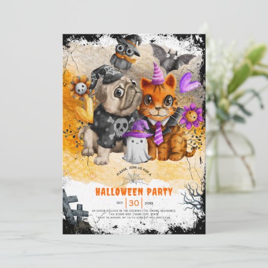 Schattigee uitnodiging voor een Halloween kat en h (Staand voorkant)