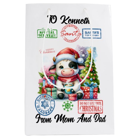 Schattigee vakantie Koe met geschenken en feesteli Medium Cadeauzakje (Voorkant)