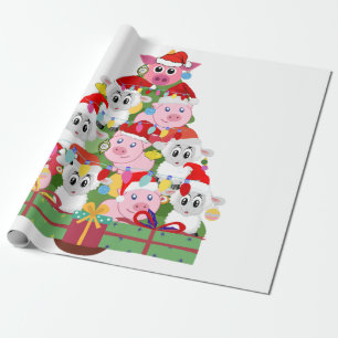 Schattigee Varkens en Schapen Kerstboom Cadeaupapier
