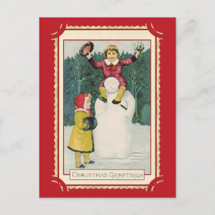 Schattigee vintage kerstgroeten Kinder sneeuwman Briefkaart