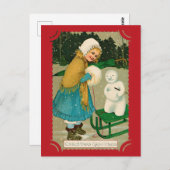 Schattigee Vintage Kerstgroeten Meisje Snowman Briefkaart (Voorkant / Achterkant)
