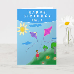 Schattigee vliegers en meisje tekenen Happy Birthd Kaart