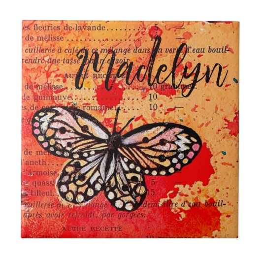 Schattigee Vlinder Waterverf  Boho Naam toevoegen Tegeltje (Voorkant)