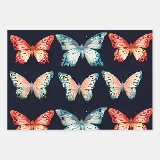 Schattigee Vlinders op blauwe en witte achtergrond Inpakpapier Vel (Voorkant)