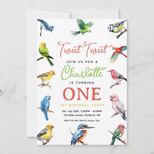 Schattigee vogel 1e verjaardagsfeest kaart (Voorkant)