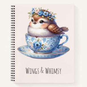 Schattigee Vogel in Bloemen Teacup Cottagecore Art Notitieboek
