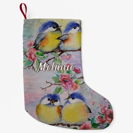 Schattigee Vogels Kerstkous met aangepaste naam Kleine Kerstsok (Voorkant)