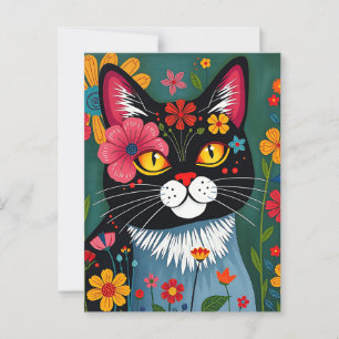 Schattigee volkskunst grillige kat en bloemen briefkaart