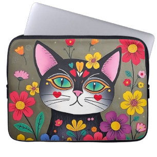 Schattigee volkskunst zwarte kat en bloemen laptop sleeve