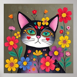 Schattigee volkskunst zwarte kat en bloemen poster