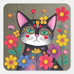 Schattigee volkskunst zwarte kat en bloemen vierkante sticker