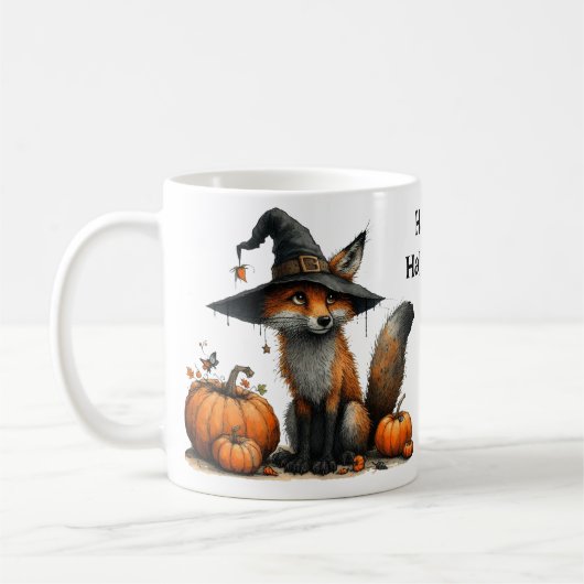Schattigee vos in het Pet van de heks Happy Hallow Koffiemok (Links)