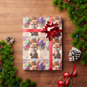 Schattigee vos omringd door kleurrijke ballonnen. cadeaupapier