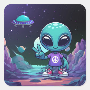 Schattigee Vrede Alien & Ruimteschip Vierkante Sticker