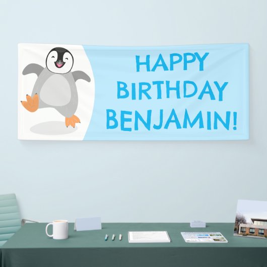 Schattigee vrolijke keizer pinguïn chick birthday  spandoek (Beurs)
