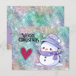 Schattigee vrolijke kerst pastel sneeuwman glitter briefkaart