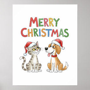 Schattigee vrolijke kerstkat en -hond met kerstmut poster