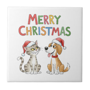 Schattigee vrolijke kerstkat en -hond met kerstmut tegeltje