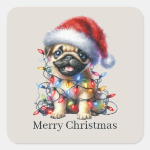 Schattigee vrolijke kerstpuppy aanpasbaar vierkante sticker