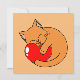 Schattigee vrolijke Oranje kat met rood hart Kaart