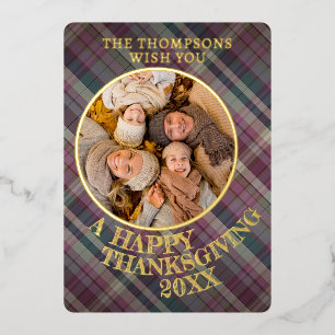Schattigee vrolijke Thanksgiving Plaid Pattern Gol Folie Feestdagenkaart
